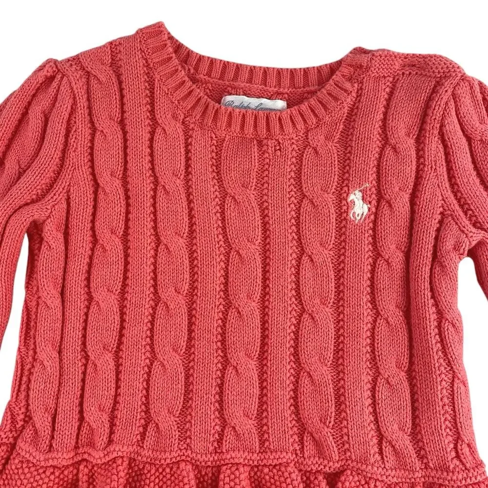 Ralph Lauren Baby Toddler Girls Orange Cotton Peplum Cable Knit Sweater Top 9M